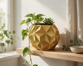 3D Printed Geodesic Planter, Geometric Faceted Succulent Pot, Modern Gold Home Decor