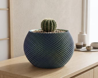 3D Printed Cactus Planter Bowl, Blue Green Woven Diamond Succulent Pot