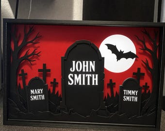 Personalized Family Graveyard Shadow Box, LED Backlit Halloween Wall Art
