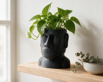 Moai Head Planter, 3D Printed Easter Island Statue Pot, Black Succulent Planter, Desk Decor