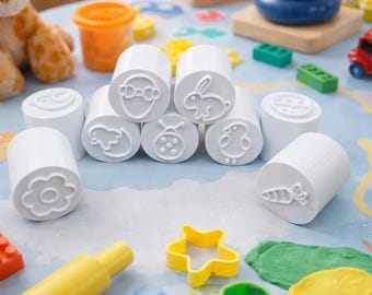 3D Printed Play Dough Stamps – 9 Animal & Shape Montessori Sensory Toy (Set of 9)