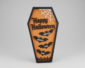 Personalized Halloween Coffin Sign, Custom Family Names, 3D Printed Spooky Mantel Decor