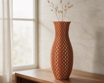 Terracotta Woven Scale 3D Printed Vase, Modern Boho Dried Flower Decor