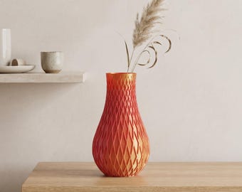 Red Gold Spiral Vase, 3D Printed Diamond Texture, Modern Sculptural Flower Vase