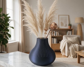 Ribbed Teardrop Vase, 3D Printed Japandi Style, Navy Blue Modern Decor