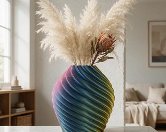 Rainbow Swirl Vase, 3D Printed Wave Spiral, Multicolor Silk Gradient Home Decor