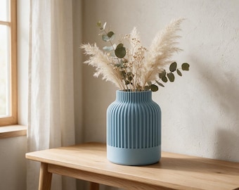 Dusty Blue Ribbed Japandi Vase, 3D Printed Minimalist Scandinavian Decor
