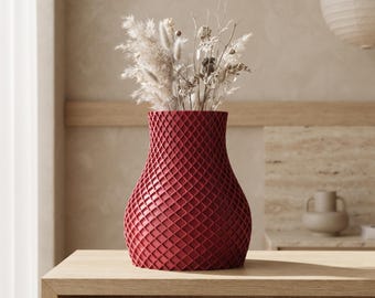 Red Waffle Vase, 3D Printed Quilted Texture, Modern Sculptural Home Decor, Dried Flower Arrangement