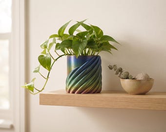 Rainbow Spiral Planter, 3D Printed Twisted Rope Texture Pot, Modern Shelf Decor