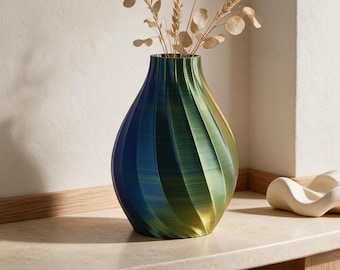 Twisted Spiral Vase, Blue Green Gradient, 3D Printed Sculptural Flower Vase