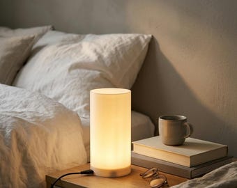 Cylinder Bedside Lamp, 3D Printed, Warm White Ambient Light, Minimalist Bedroom Decor