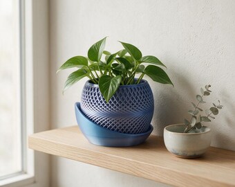 Blue Mesh Planter Pot, 3D Printed Round Indoor Plant Pot, Modern Lattice Succulent Planter, Sculptural Desk Decor, Plant Lover Gift