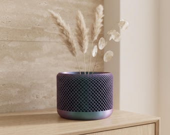 3D Printed Geometric Lattice Vase, Iridescent Purple Teal Sculptural Decor