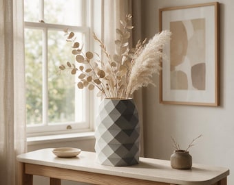 Gray Geometric Faceted Vase, 3D Printed Diamond Pattern, Scandinavian Decor