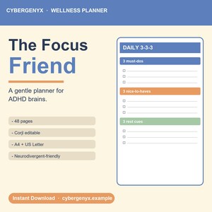 Könnte beinhalten: Ein Wellness-Planer mit dem Titel "The Focus Friend" in blauem und orangefarbenem Design. Der Planer ist für ADHS-Gehirne konzipiert und enthält Abschnitte für tägliche Aufgaben, nette Dinge und Ruhehinweise. Er umfasst 48 Seiten, ist Corjl-editierbar, A4 + US Letter und neurodivergent-freundlich.