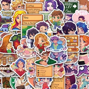 May include: A collection of colorful stickers featuring characters and elements from the video game Stardew Valley. The stickers include various characters, food items, and text bubbles with phrases like "Coffee" and "This is Perfect."