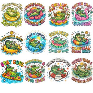 May include: A collection of colorful cartoon illustrations featuring a relaxed alligator enjoying summer activities. Each design includes text like "Hotter Than the Limelight" and "Out of Office", with the alligator on floats, pizza, and watermelon.