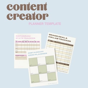Puede incluir: Una plantilla de planificador de creador de contenido con tres hojas. La hoja superior dice "content creator PLANNER TEMPLATE". Las otras hojas están etiquetadas como "Instagram Stats Tracker", "Instagram Grid Planner" y "Brand Deal & Collab Tracker". The Cozy Creative Co. está en la parte inferior.