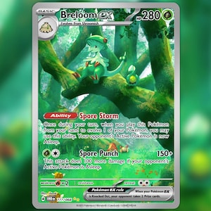 Może przedstawiać: Karta kolekcjonerska Pokémon z Breloom EX. Karta ma zielono-białą kolorystykę z tłem lasu. Tekst karty zawiera umiejętności "Spore Storm" i "Spore Punch". Karta jest częścią zasady Pokémon EX.