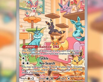 May include: A Pokémon trading card featuring Eevee and its evolutions in a colorful illustration. The card includes text such as "Rainbow DNA", "Tackle", and "Vee-Search". The card has a HP of 100 and a weakness of x2.