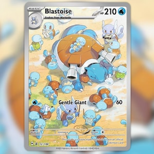 May include: A Blastoise Pokémon card featuring a large blue and brown turtle-like creature with two cannons. The card has the text "Gentle Giant" and "HP 210". The card is a custom fan art.