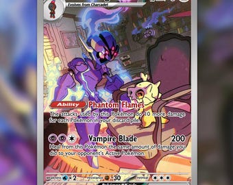 May include: A holographic Pokémon trading card featuring Ceruledge ex. The card has a purple and blue color scheme with the text "Ceruledge ex" and "270 HP". The card also includes the text "Phantom Flames" and "Vampire Blade".