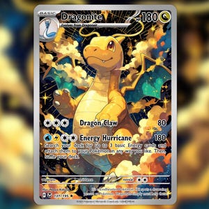 May include: A Dragonite Pokémon trading card. It shows a yellow dragon with blue wings, set against an orange and blue cloudy background. The card includes text such as "Dragon Claw" and "Energy Hurricane".