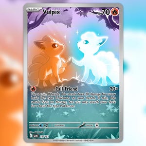 Peut inclure: Carte de jeu Pokémon Vulpix avec deux personnages Vulpix, un orange et un blanc brillant. La carte affiche le texte « Call Friend » et des instructions de jeu. Le fond est un mélange doux de bleu et de violet.