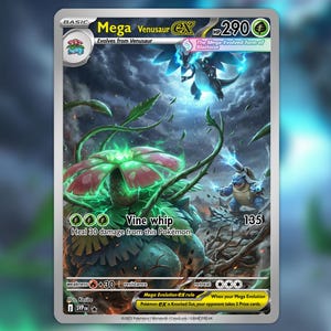 Puede incluir: Una carta de juego Pokémon Mega Venusaur EX. La carta presenta una ilustración detallada de una gran criatura verde y roja con forma de planta con enredaderas, y un Blastoise azul en el fondo. La carta tiene el texto "Vine Whip" y "Heal 30 damage".