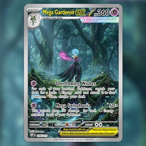 Puede incluir: Una carta Pokémon Mega Gardevoir EX con un fondo de bosque. La carta presenta un personaje con un vestido negro y energía rosa. El texto incluye "Overflowing Wishes" y "Mega Symphonia". La carta está numerada 256/213.