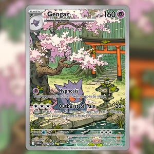 May include: A Gengar Pokémon trading card depicting a purple Gengar character in a Japanese garden with cherry blossoms and a torii gate. The card includes the text "Hypnosis" and "Outburst of Pain".