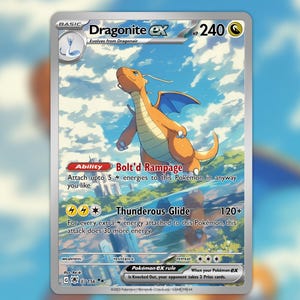 May include: A Dragonite ex Pokémon trading card. The card shows an orange Dragonite with blue wings set against a cloudy sky. The card includes the text "Bolt'd Rampage" and "Thunderous Glide", plus other game-related text and symbols.
