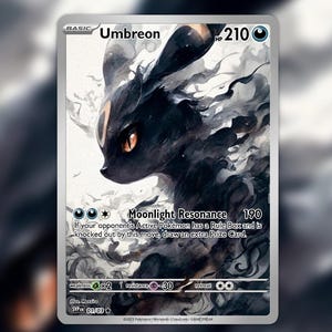 Op de afbeelding: Een rechthoekige Umbreon-verzamelkaart met een donker, gestileerd wezen met gloeiende oranje ogen en een maansikkelteken op het voorhoofd. De kaart toont 210 HP, de Moonlight Resonance-aanval en tekst over de spelmechanica.