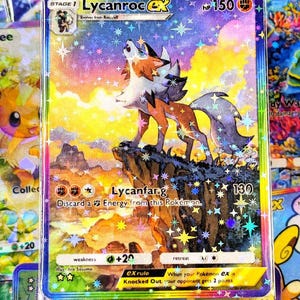 May include: A holographic Pokémon card featuring Lycanroc ex. The card shows a wolf-like creature howling on a rocky cliff, set against a colorful sunset. The card has a HP of 150 and includes text such as "Lycanfang" and "ex rule".
