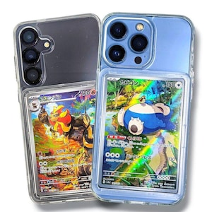 May include: Two clear phone cases, one on a black phone and the other on a blue phone, each holding a Pok&eacute;mon trading card. The cards feature colorful illustrations of Pok&eacute;mon characters, with Japanese text and numerical values.