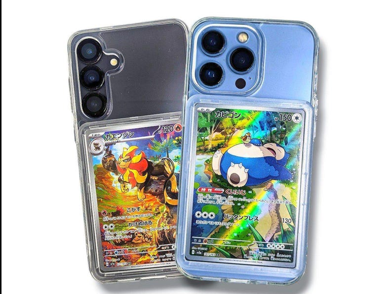 May include: Two clear phone cases, one on a black phone and the other on a blue phone, each holding a Pok&eacute;mon trading card. The cards feature colorful illustrations of Pok&eacute;mon characters, with Japanese text and numerical values.