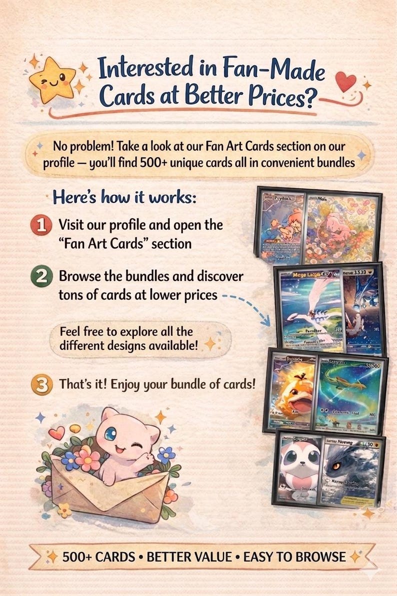 May include: Promotional graphic with text: "Interested in Fan-Made Cards at Better Prices?" and "500+ CARDS &bull; BETTER VALUE &bull; EASY TO BROWSE." Features illustrated cards, a cartoon star, and a cat character.