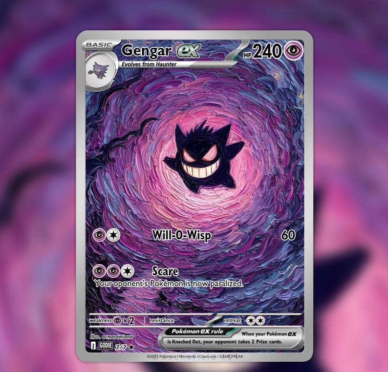 May include: A Gengar EX Pok&eacute;mon trading card with a purple and black swirling background. The card features a black Gengar character with a wide grin. Text includes "Will-O-Wisp" and "Scare".