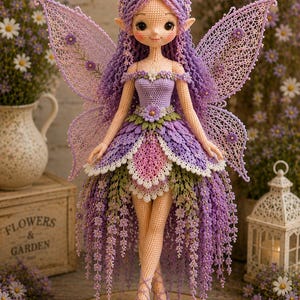 May include: A handcrafted crochet fairy doll with purple and lavender details. The doll has delicate wings, a floral crown, and a dress with cascading floral accents. The doll is standing on a wooden base.