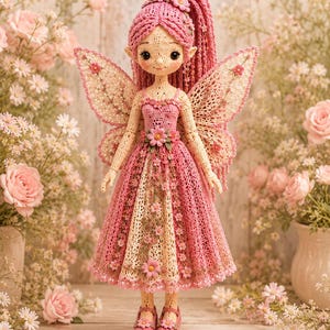 May include: A handcrafted crochet fairy doll featuring long pink hair adorned with small flowers, large dark eyes, and pointed ears. The doll wears a layered pink and cream dress decorated with floral accents and matching pink shoes.