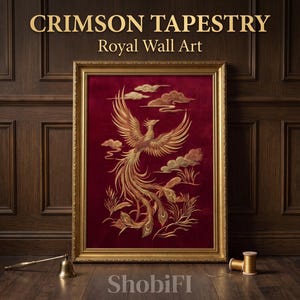 Velvet  Ruby Phoenix Wall Art, 3D Gold Thread Royal Wall Hanging, Crimson Red Wall Decor, Seamlessly Premium Wall Frame.