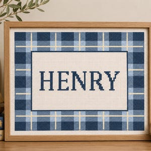 Könnte beinhalten: Ein gerahmtes Kreuzstich-Stickbild mit einem blau-weißen Karomuster und einem cremefarbenen rechteckigen Mittelfeld. Der Name HENRY ist in dunkelblauen Großbuchstaben in der Mitte des Feldes gestickt, eingefasst in einen hellen Holzrahmen.