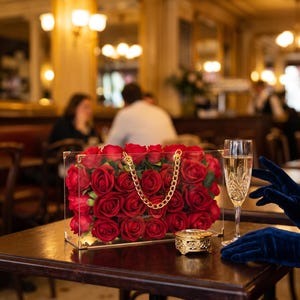 May include: A clear acrylic handbag filled with red roses, featuring a gold chain strap. A gold trinket box and a champagne flute are on the table. The background shows a restaurant setting with blurred figures.