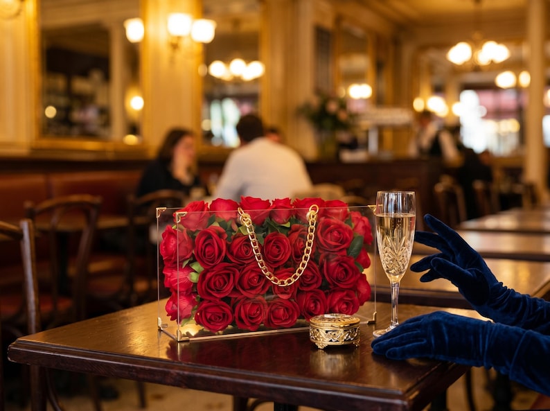 May include: A clear acrylic handbag filled with red roses, featuring a gold chain strap. A gold trinket box and a champagne flute are on the table. The background shows a restaurant setting with blurred figures.