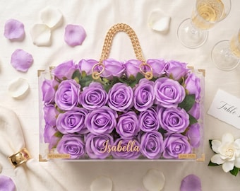 Personalized Acrylic Lavender Rose Bag, Gold Chain Clear Flower Clutch, Custom Name Bridal Handbag, Bridesmaid Wedding Gift