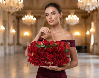 Personalisierte Acryl Blume Tasche, Benutzerdefinierte klare Rose Kupplung Hochzeit, Brauttasche Brautjungfer Geschenk, Blumen Kupplung Geldbörse Jahrestag Valentines