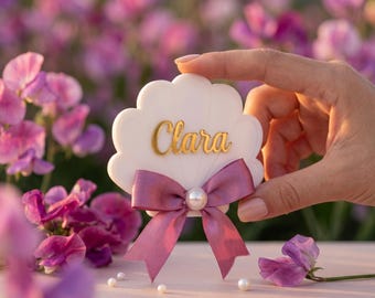Personalisierte Muschel Magnet Favor | Benutzerdefinierte Name Perle Bogen-Baby-Dusche-Geschenk | Hochzeit Gastgeschenk, Taufe, Brautparty Andenken