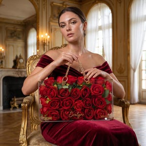 May include: A clear acrylic handbag filled with vibrant red roses. The bag has gold chain handles and the name "Evelyn" is written on the front. The woman in the image is wearing a burgundy velvet dress.