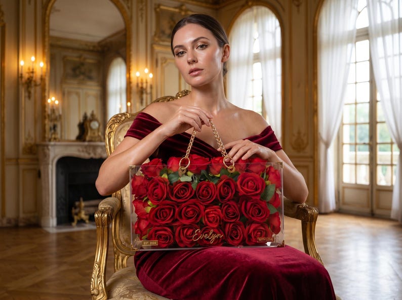 May include: A clear acrylic handbag filled with vibrant red roses. The bag has gold chain handles and the name "Evelyn" is written on the front. The woman in the image is wearing a burgundy velvet dress.