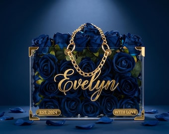 Personalized Acrylic Navy Blue Rose Bag, Gold Chain Clear Flower Clutch, Custom Name Bridal Handbag, Bridesmaid Wedding Gift